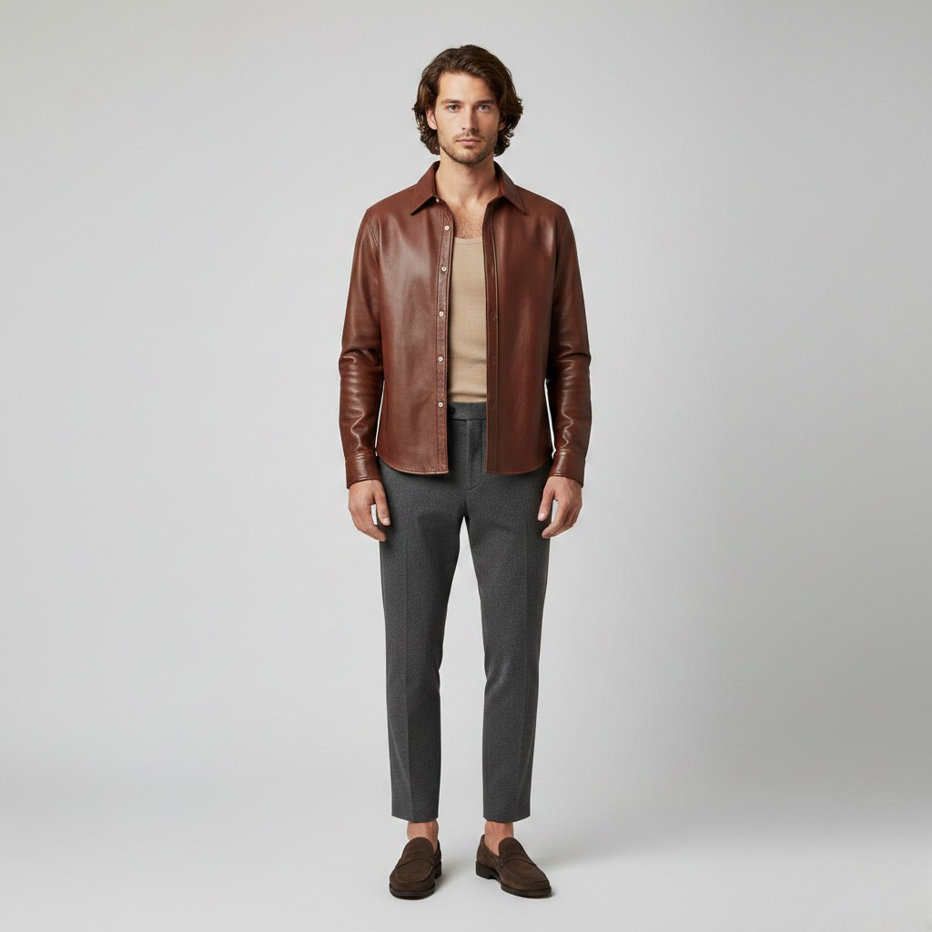 Veste chemise en cuir boutonnée