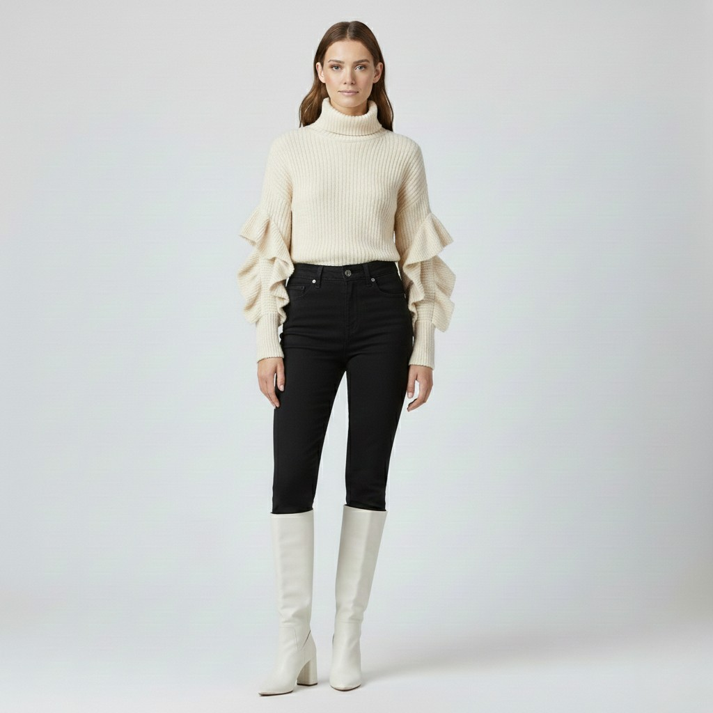 Pull à col roulé avec manches à volants