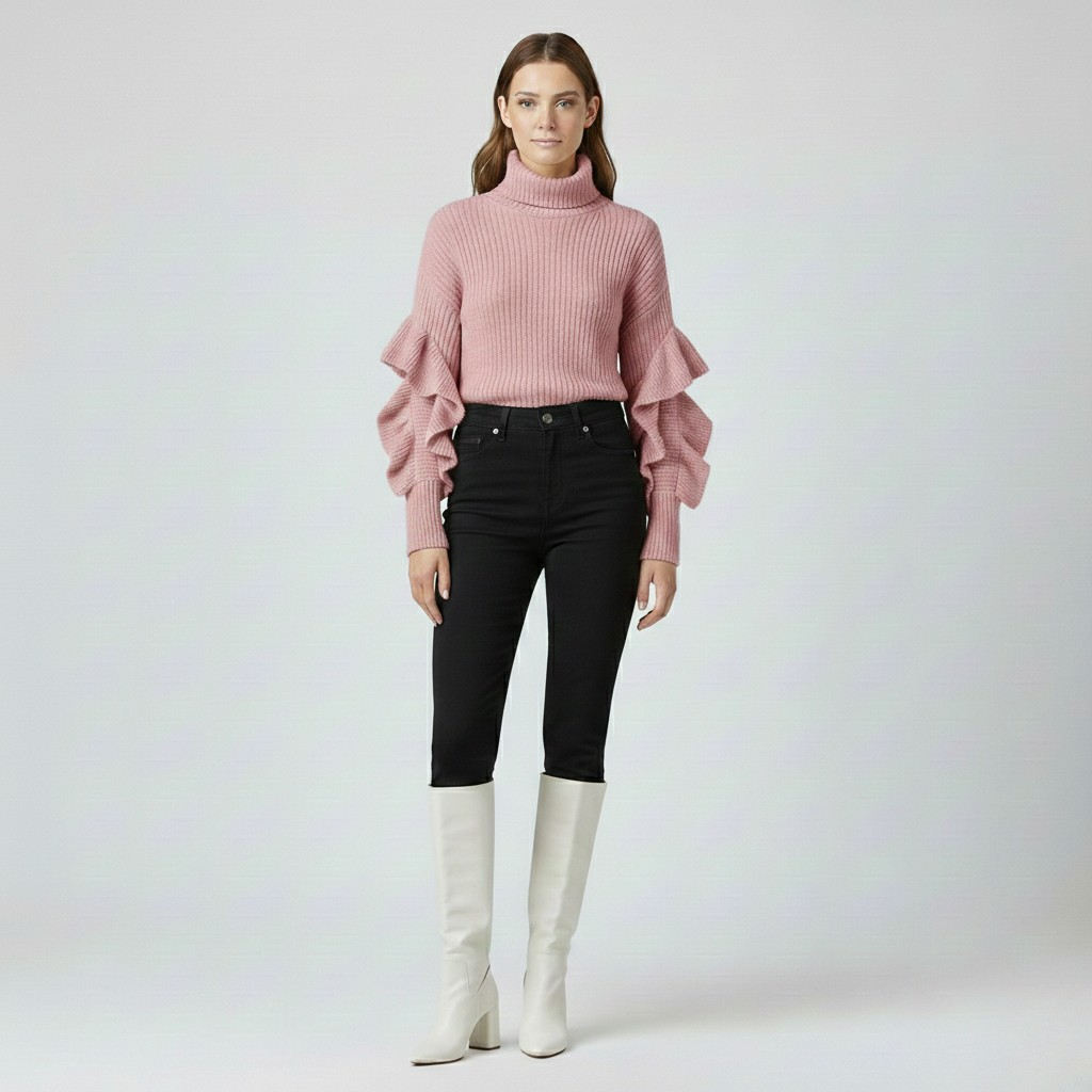 Pull à col roulé avec manches à volants