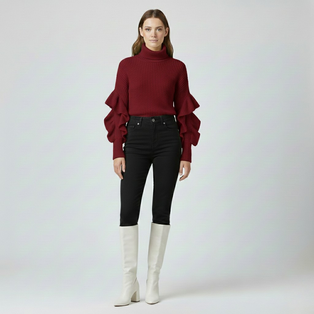 Pull à col roulé avec manches à volants