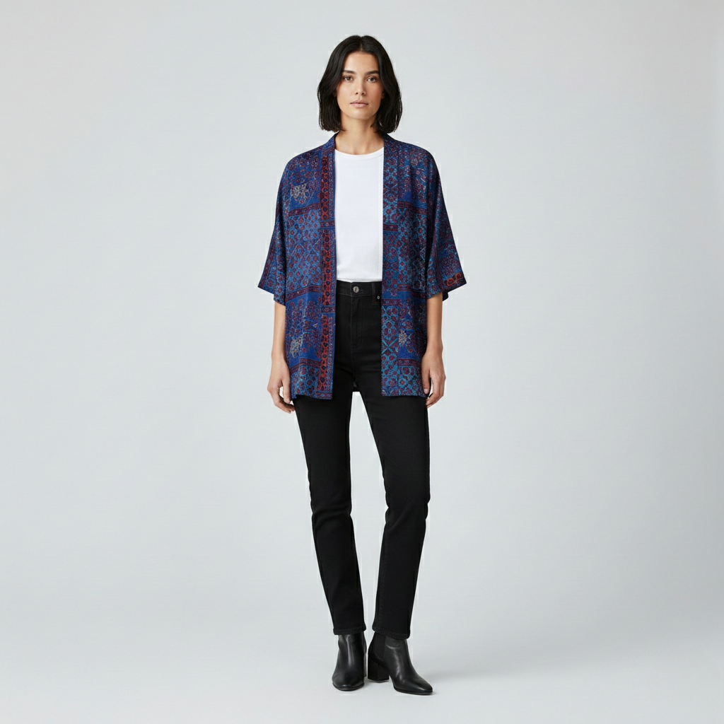 Veste kimono imprimée ouverte sur le devant